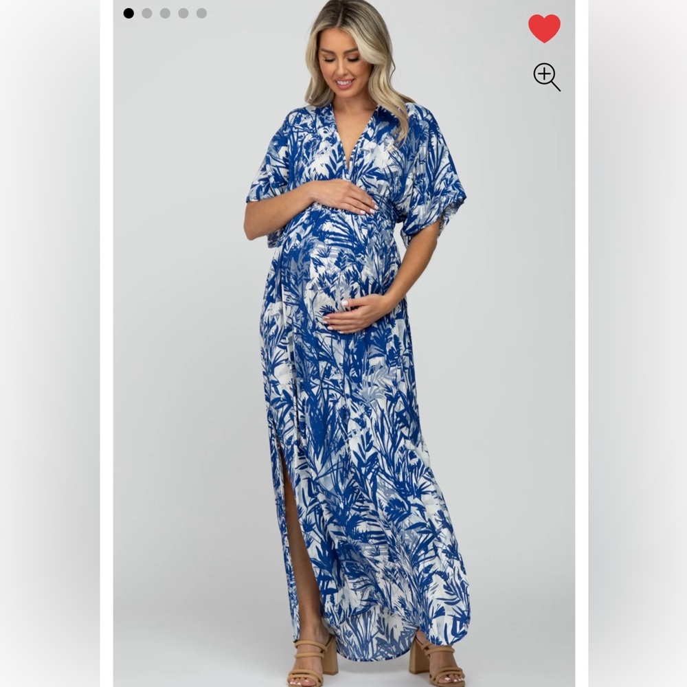Pinkblush - Navy Blue Leaf Print V-Neck Maternity Maxi Dress - Size M/L